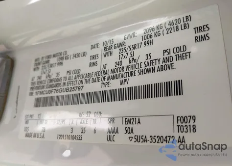 2016 Ford Escape S z USA, uszkodzony, nr VIN 1FMCU0F76GUB25797